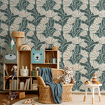 Floral Wallpaper with Stylized Fan Flowers in Light Blue, Cream and Dark Teal - E352
