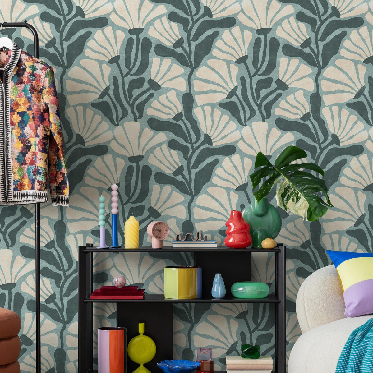 Floral Wallpaper with Stylized Fan Flowers in Light Blue, Cream and Dark Teal - E352