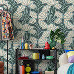 Floral Wallpaper with Stylized Fan Flowers in Light Blue, Cream and Dark Teal - E352