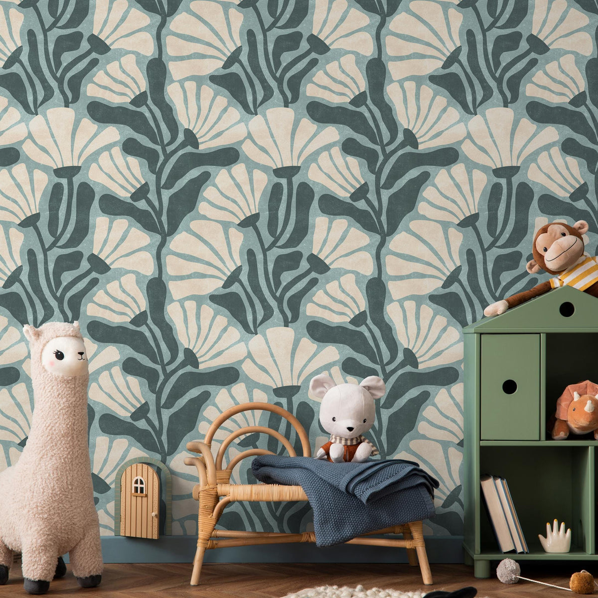 Floral Wallpaper with Stylized Fan Flowers in Light Blue, Cream and Dark Teal - E352
