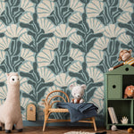 Floral Wallpaper with Stylized Fan Flowers in Light Blue, Cream and Dark Teal - E352