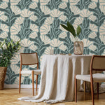 Floral Wallpaper with Stylized Fan Flowers in Light Blue, Cream and Dark Teal - E352