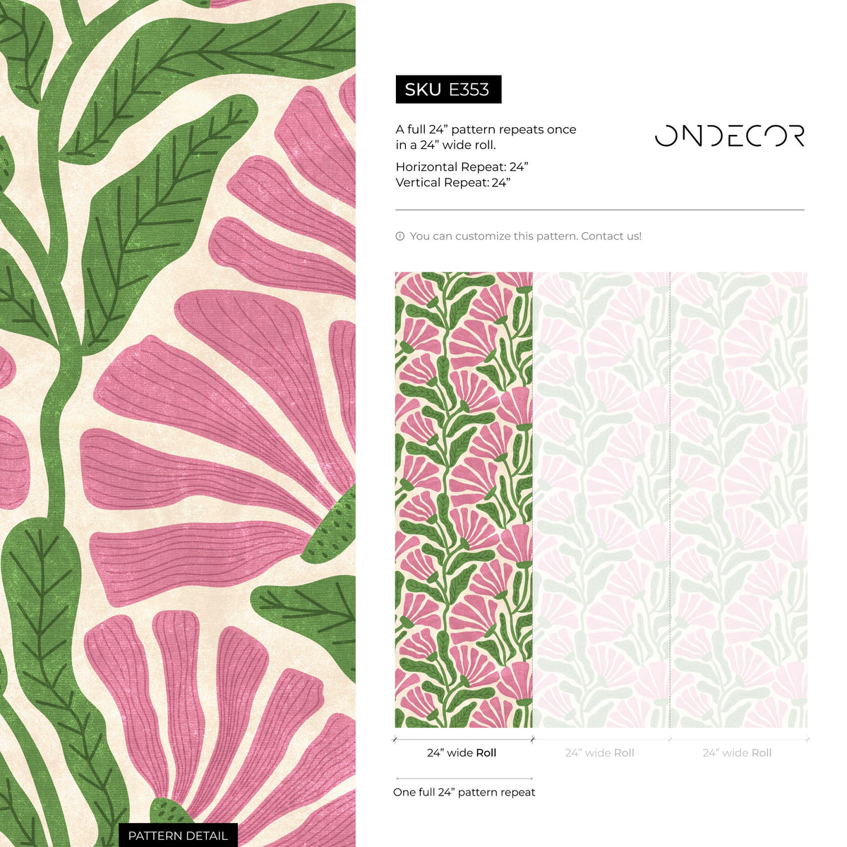 Floral Wallpaper Featuring Stylized Flowers in Pink and Green - E353