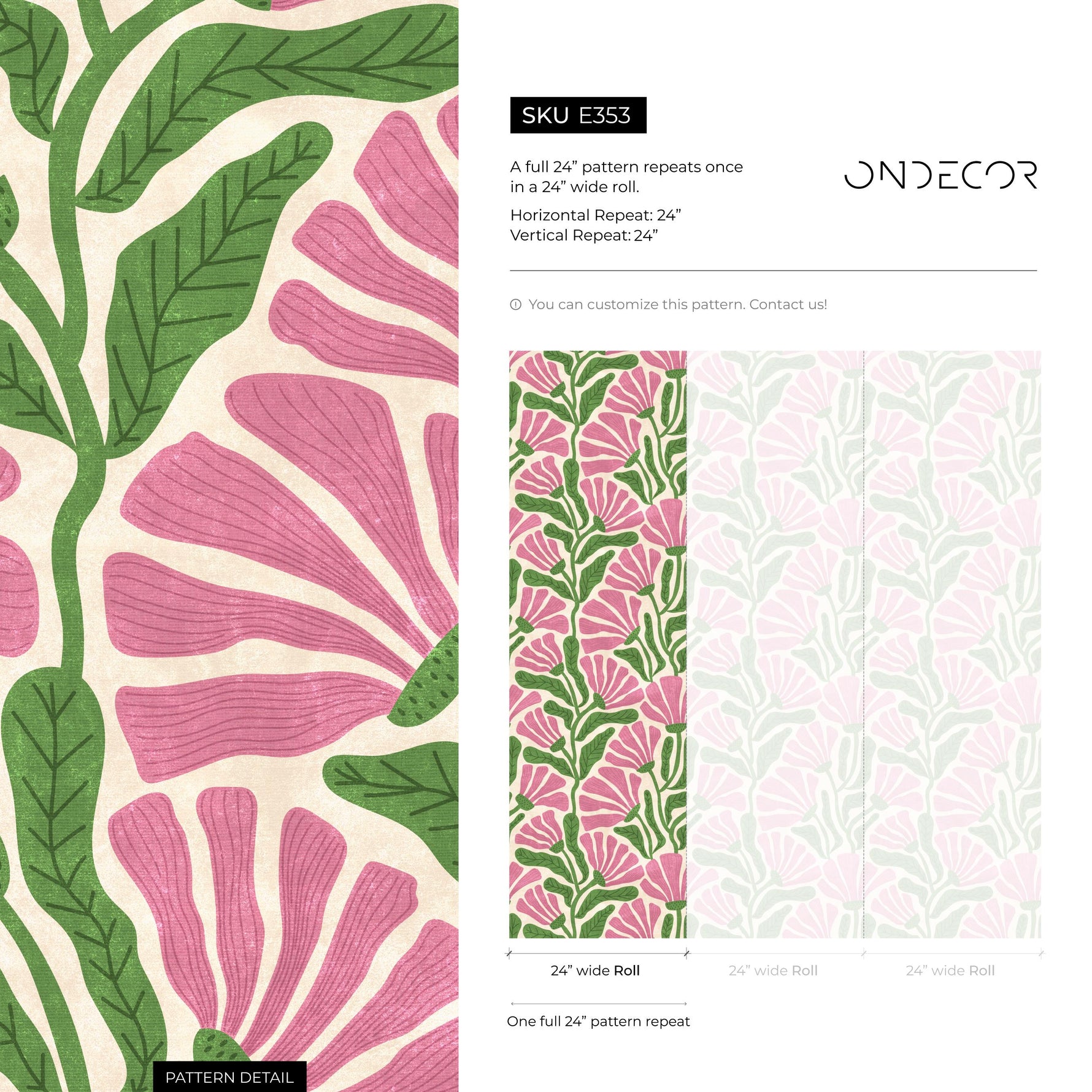 Floral Wallpaper Featuring Stylized Flowers in Pink and Green - E353
