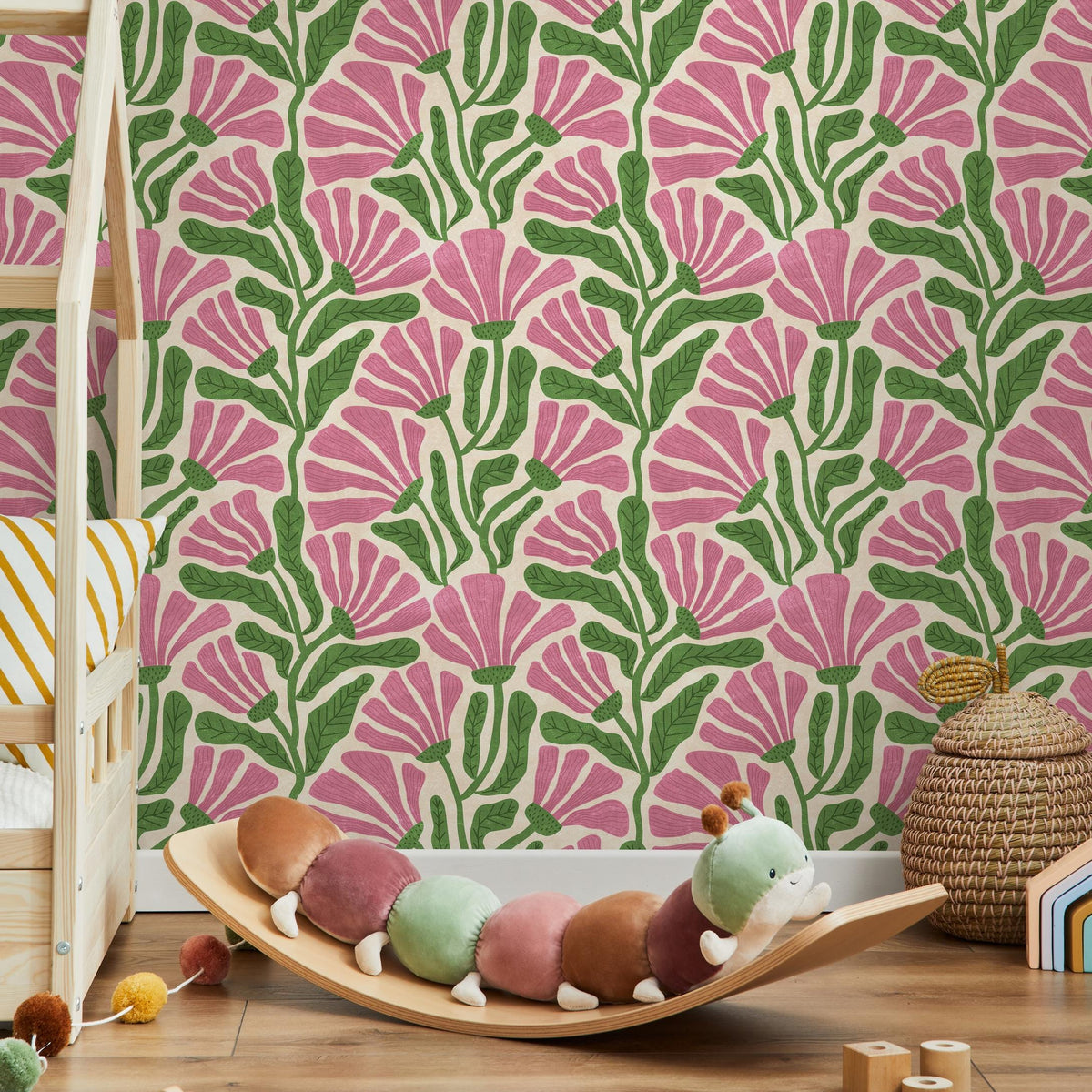 Floral Wallpaper Featuring Stylized Flowers in Pink and Green - E353