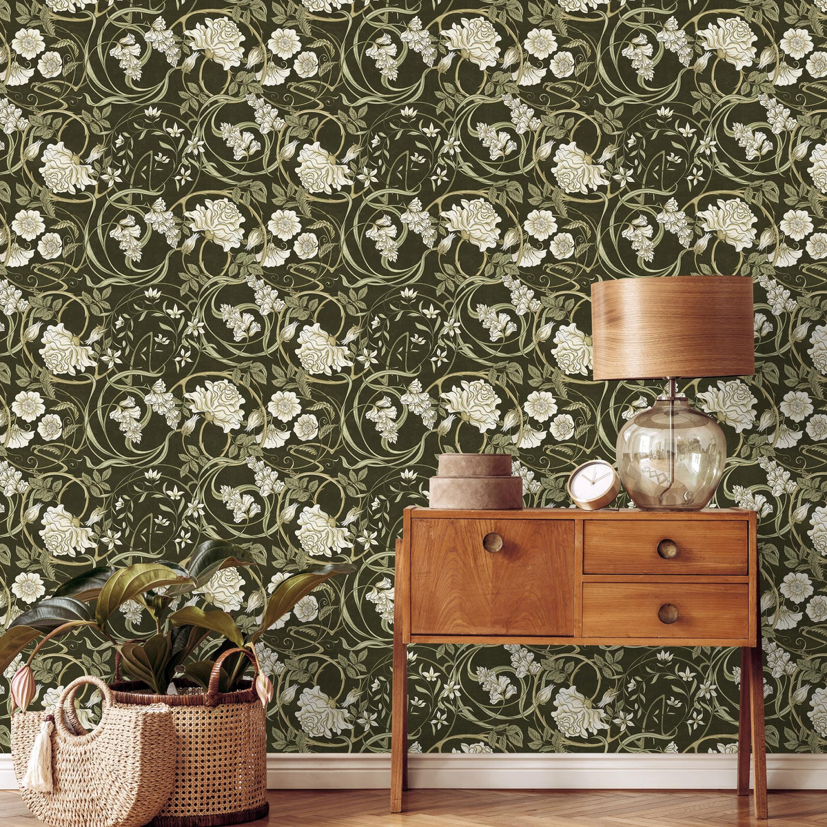 Art Nouveau Wallpaper with Swirling Floral Vines in Green and Cream - E359