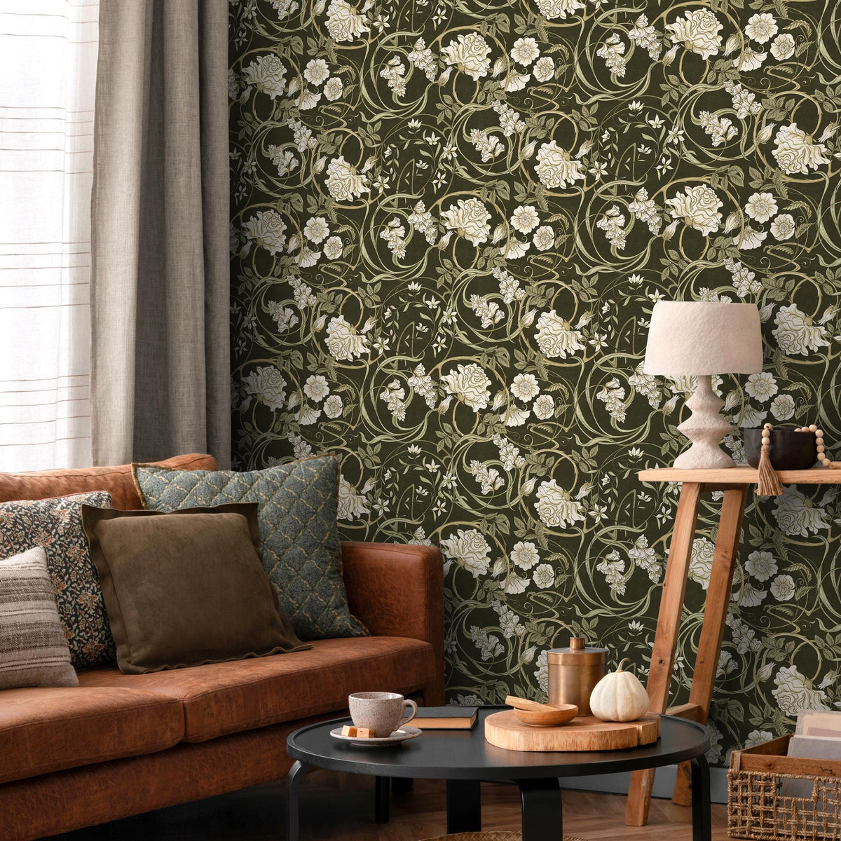 Art Nouveau Wallpaper with Swirling Floral Vines in Green and Cream - E359