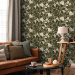 Art Nouveau Wallpaper with Swirling Floral Vines in Green and Cream - E359