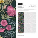 Art Nouveau Wallpaper with Floral Vines in Dark Blue, Pink and Yellow - E364