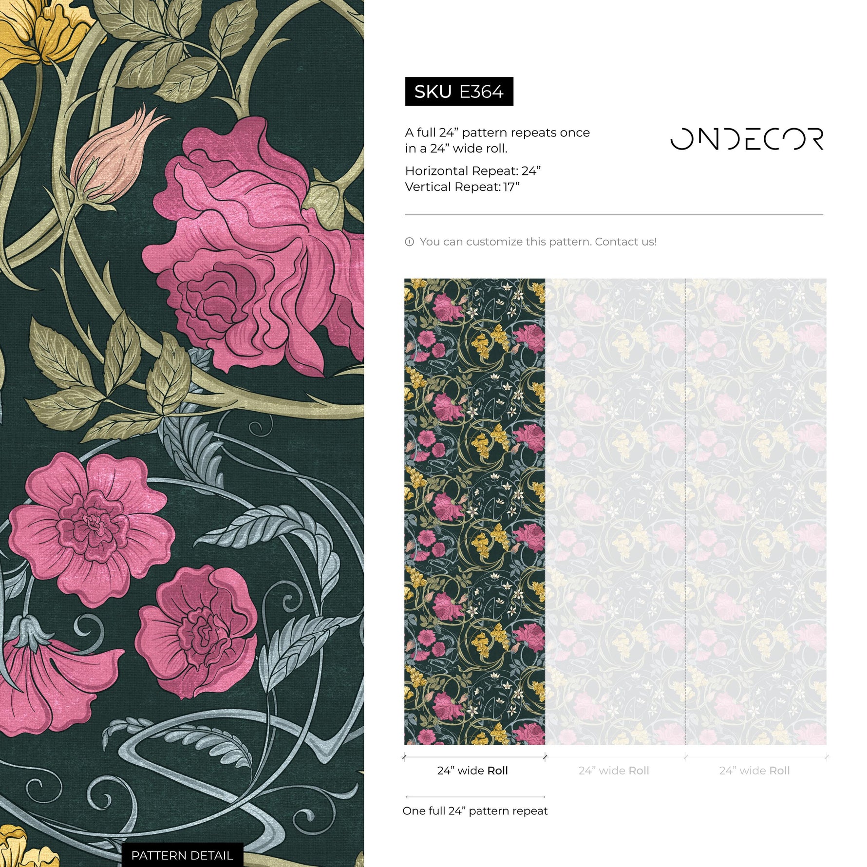 Art Nouveau Wallpaper with Floral Vines in Dark Blue, Pink and Yellow - E364