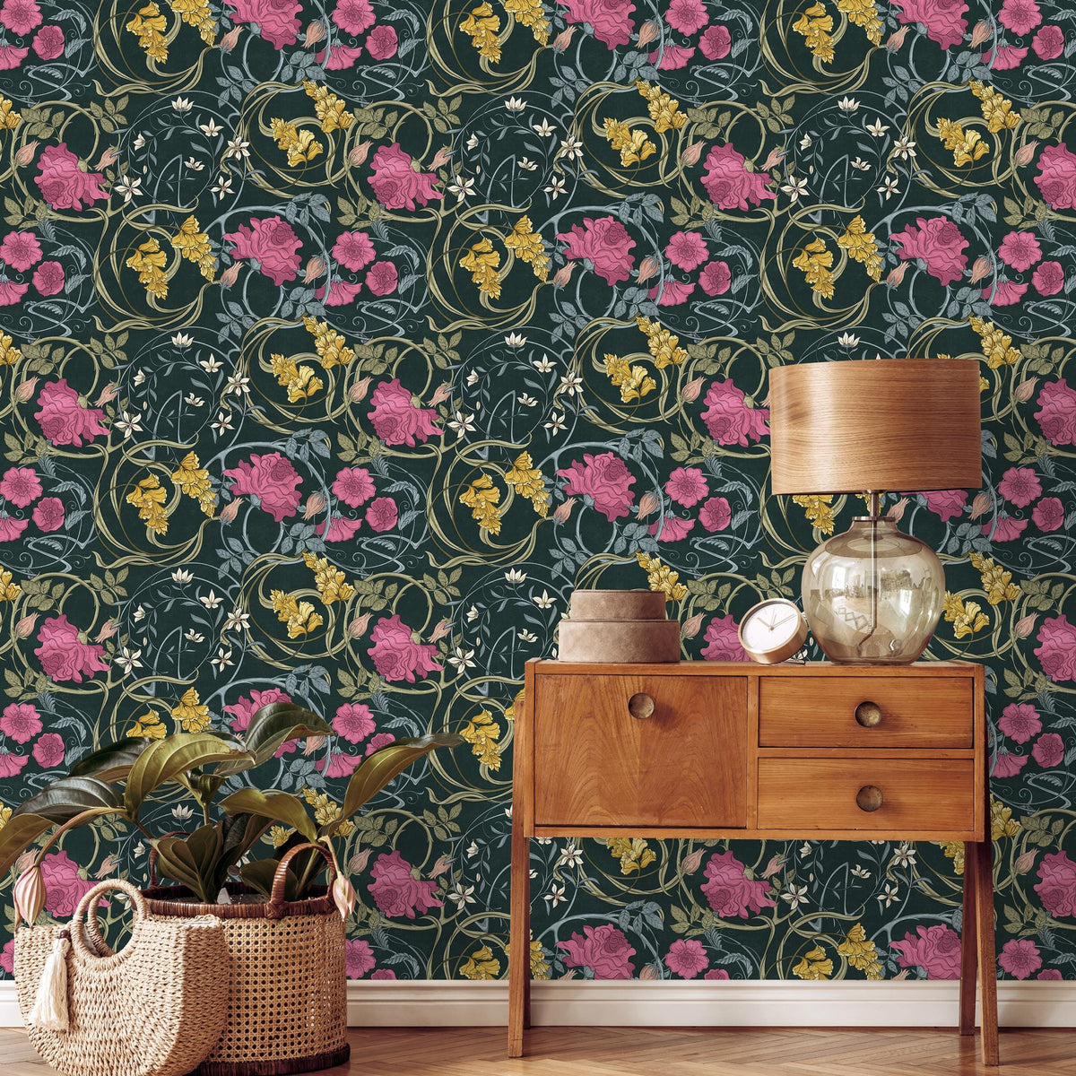 Art Nouveau Wallpaper with Floral Vines in Dark Blue, Pink and Yellow - E364