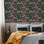 Art Nouveau Wallpaper with Floral Vines in Dark Blue, Pink and Yellow - E364
