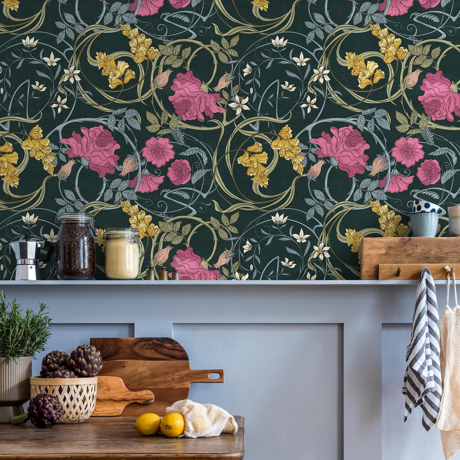 Art Nouveau Wallpaper with Floral Vines in Dark Blue, Pink and Yellow - E364