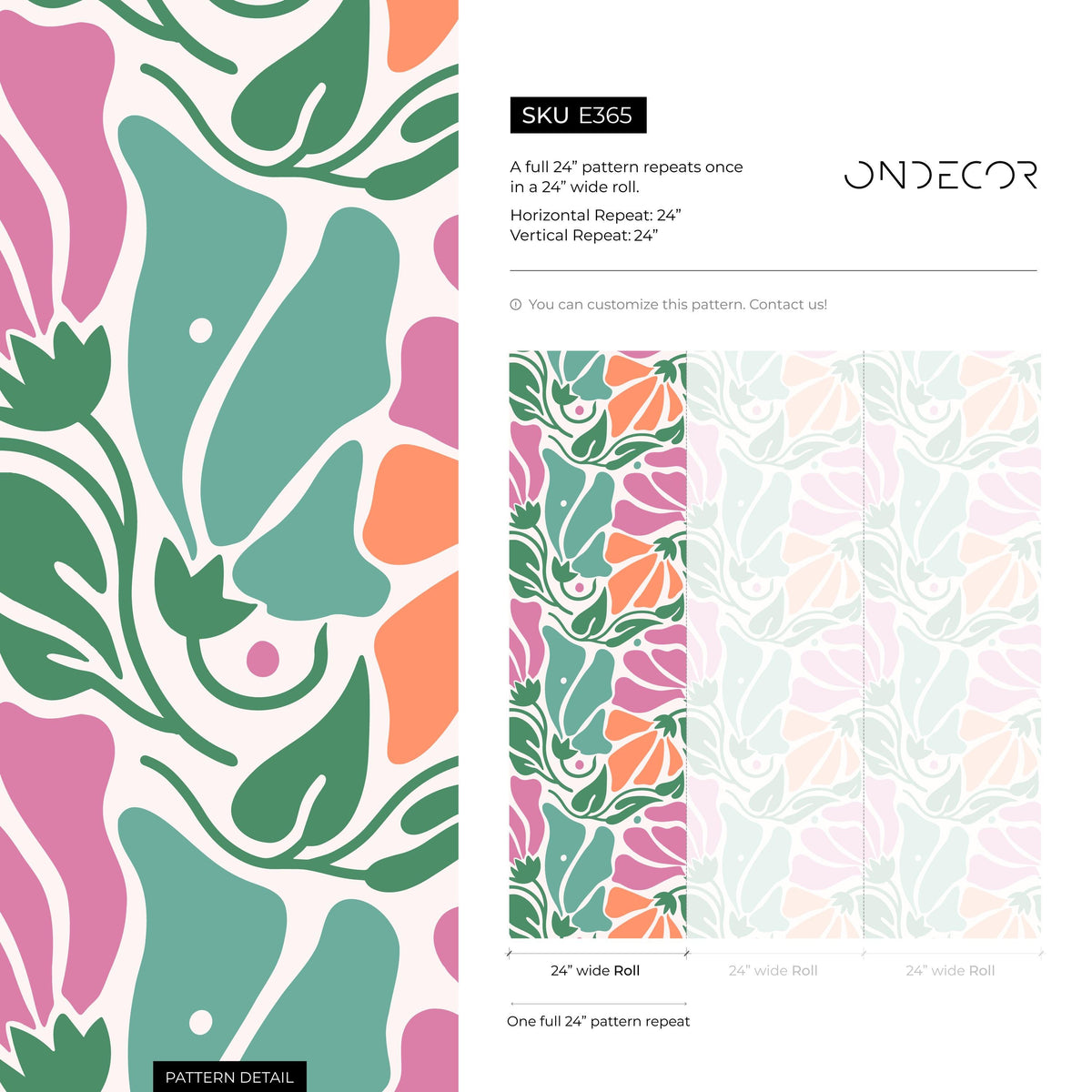Floral Wallpaper with Abstract Blooms in Pink, Orange and Green - E365