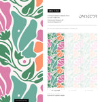 Floral Wallpaper with Abstract Blooms in Pink, Orange and Green - E365