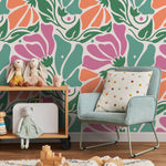 Floral Wallpaper with Abstract Blooms in Pink, Orange and Green - E365