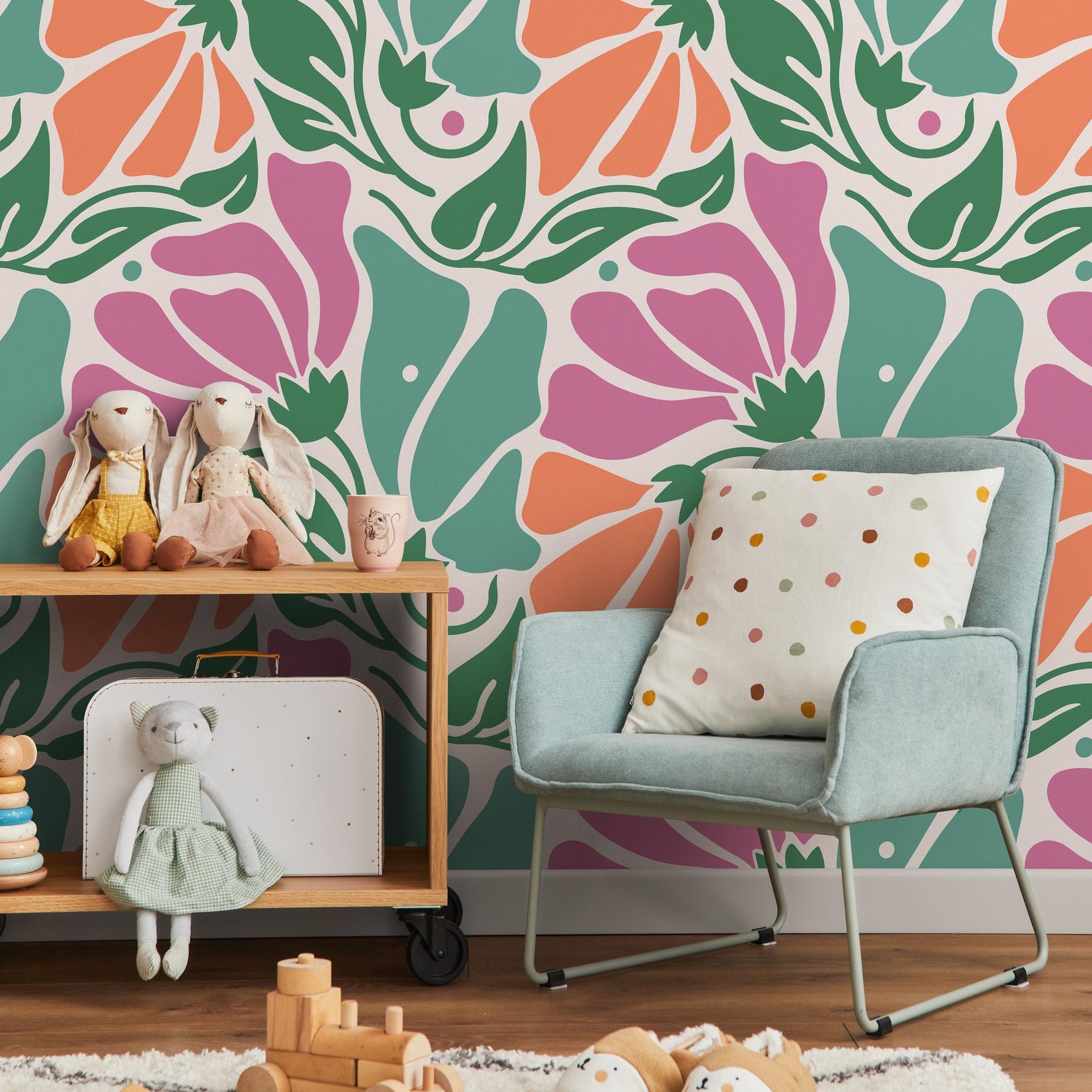Floral Wallpaper with Abstract Blooms in Pink, Orange and Green - E365
