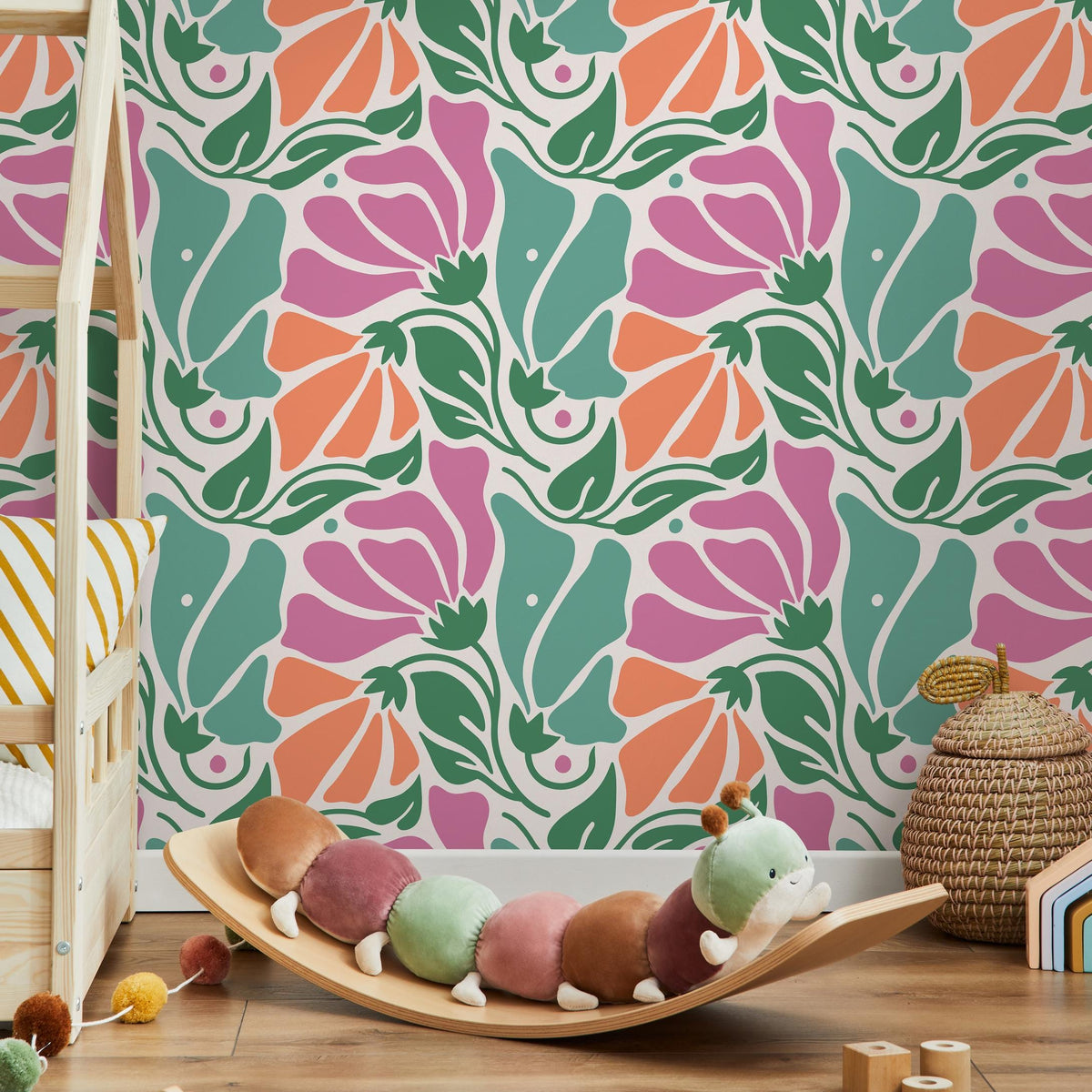 Floral Wallpaper with Abstract Blooms in Pink, Orange and Green - E365