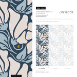 Floral Wallpaper with Stylized Blooms in Dark Blue, Light Blue and Beige - E369