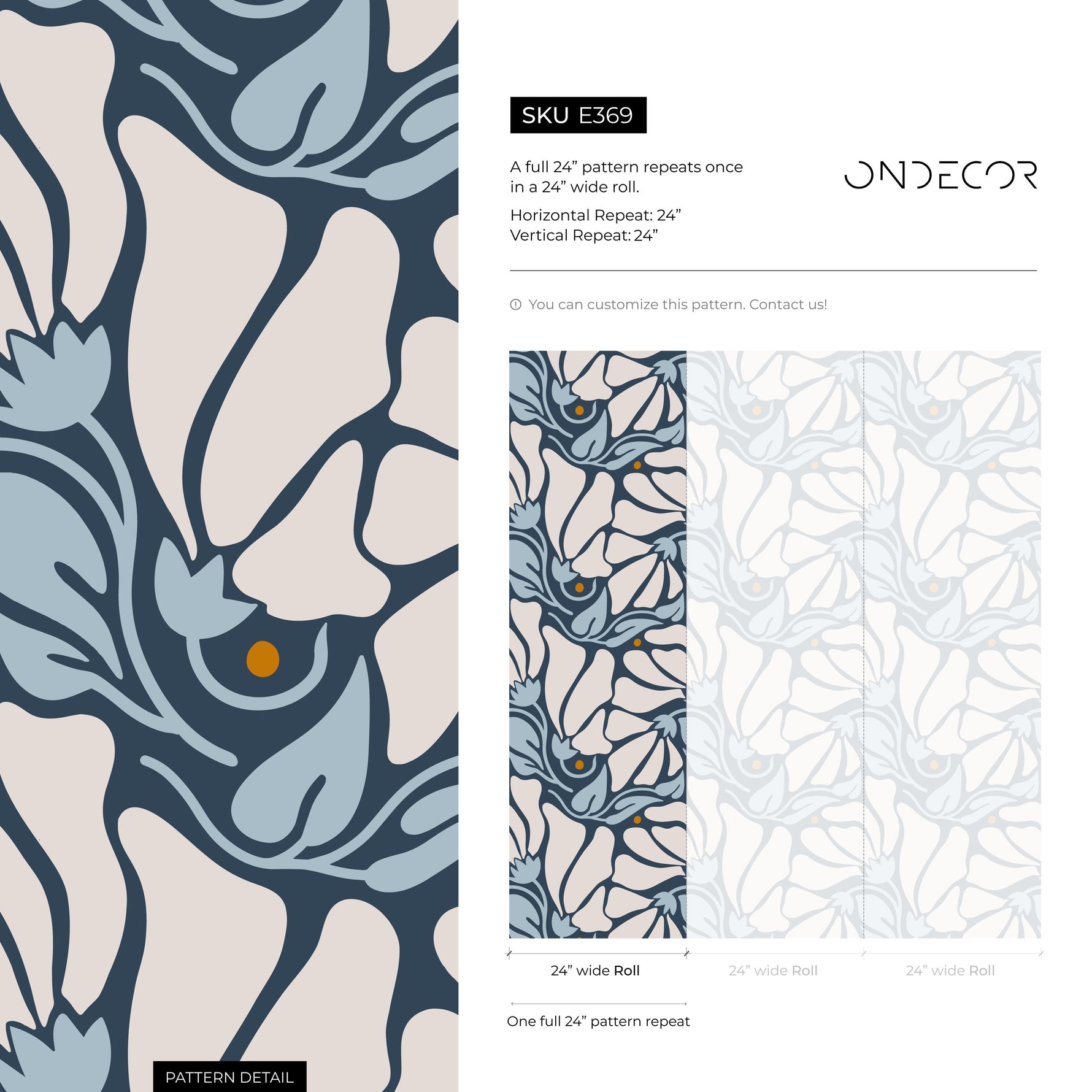 Floral Wallpaper with Stylized Blooms in Dark Blue, Light Blue and Beige - E369