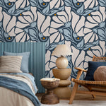Floral Wallpaper with Stylized Blooms in Dark Blue, Light Blue and Beige - E369