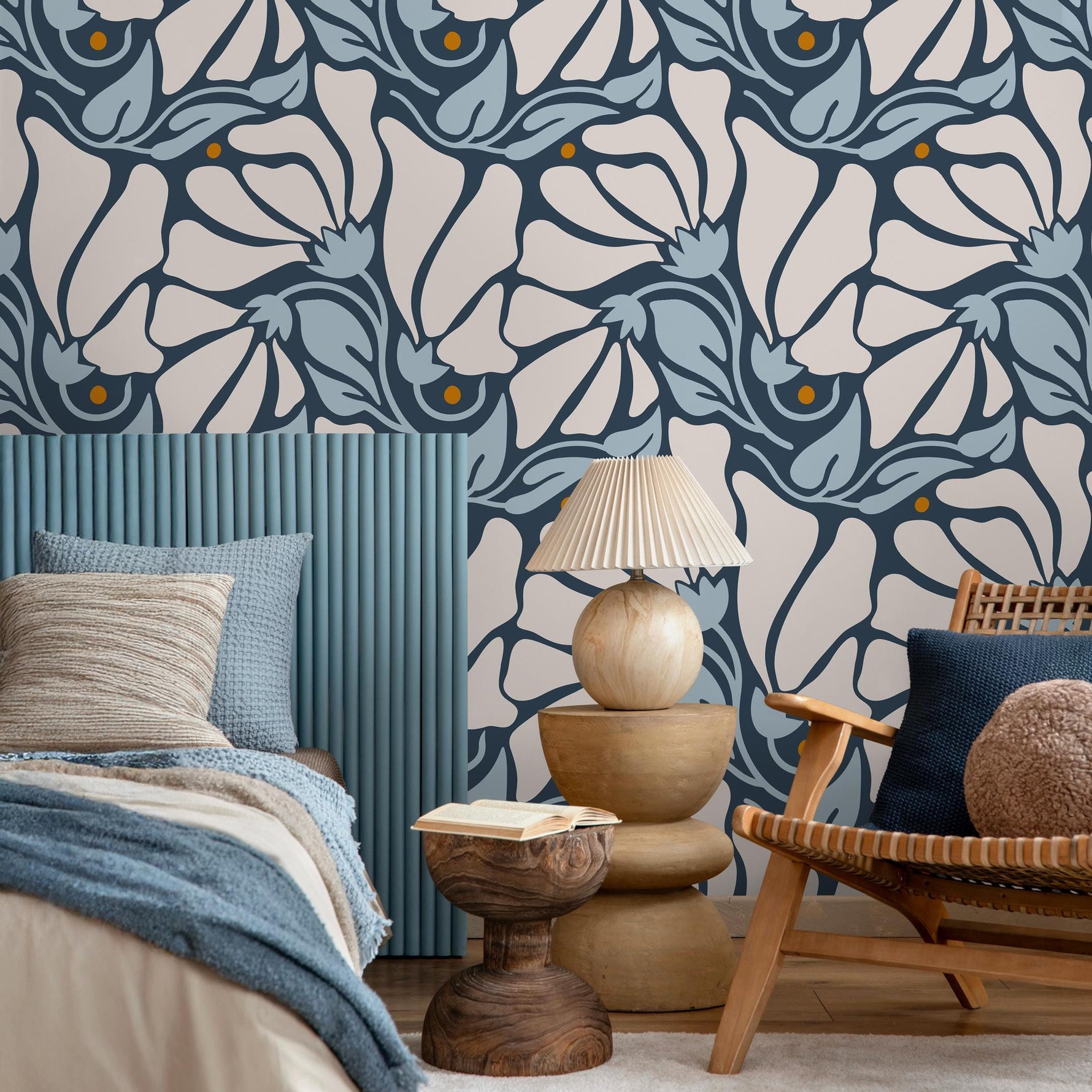 Floral Wallpaper with Stylized Blooms in Dark Blue, Light Blue and Beige - E369