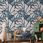 Floral Wallpaper with Stylized Blooms in Dark Blue, Light Blue and Beige - E369