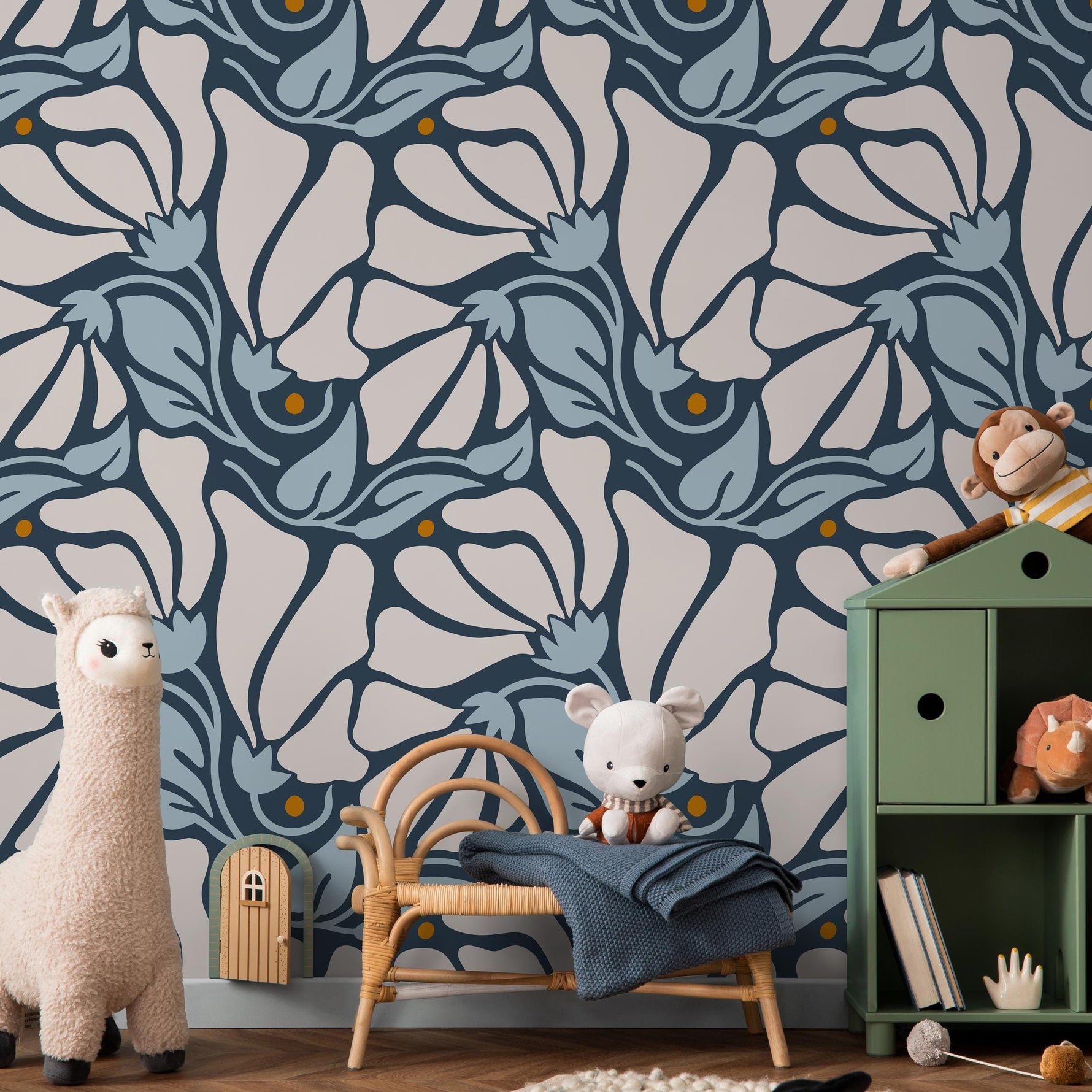 Floral Wallpaper with Stylized Blooms in Dark Blue, Light Blue and Beige - E369