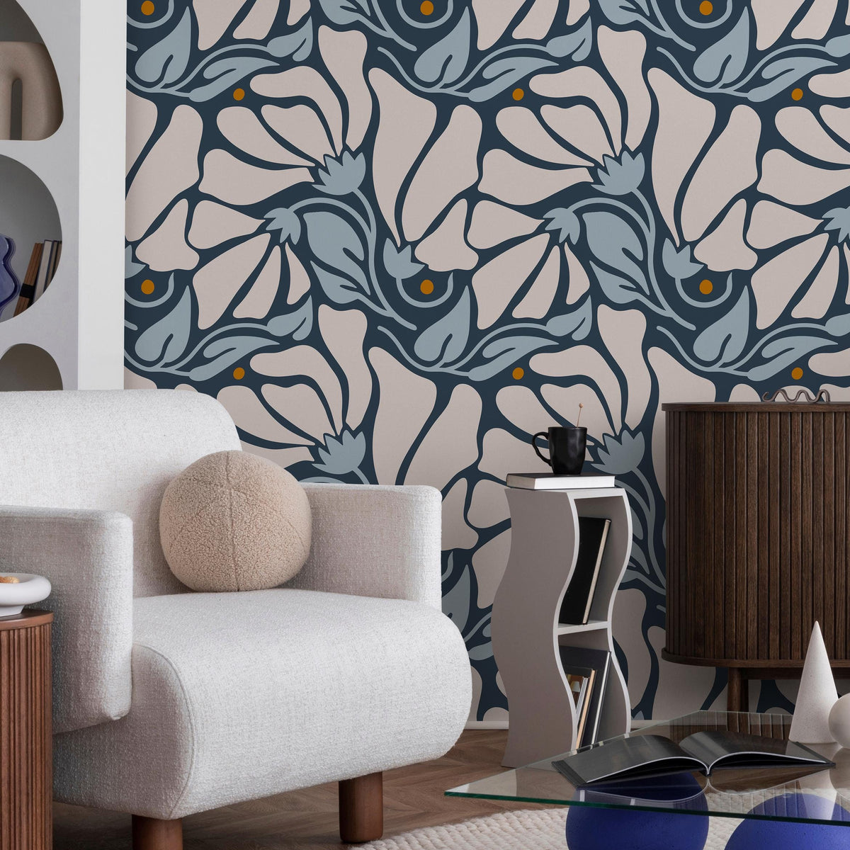 Floral Wallpaper with Stylized Blooms in Dark Blue, Light Blue and Beige - E369