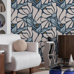Floral Wallpaper with Stylized Blooms in Dark Blue, Light Blue and Beige - E369