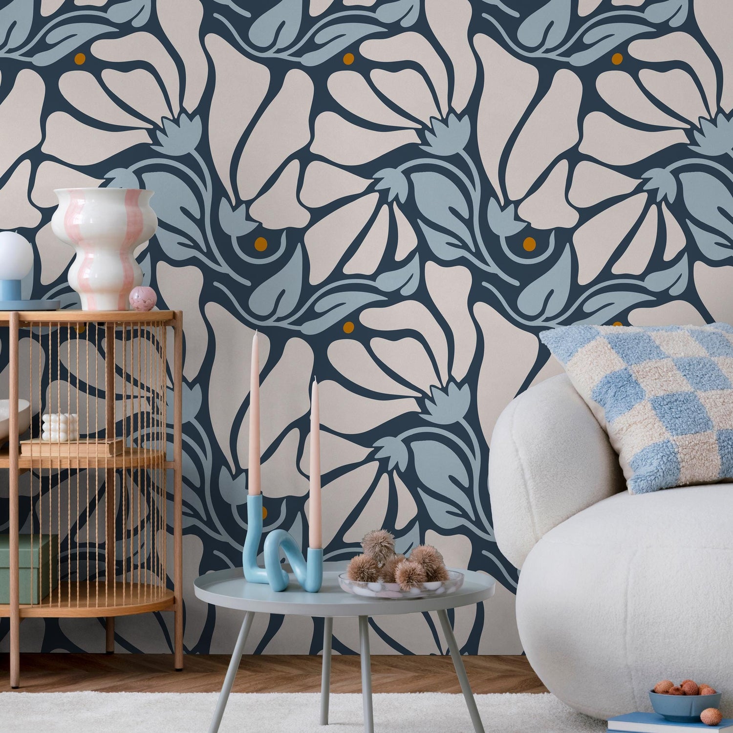 Floral Wallpaper with Stylized Blooms in Dark Blue, Light Blue and Beige - E369