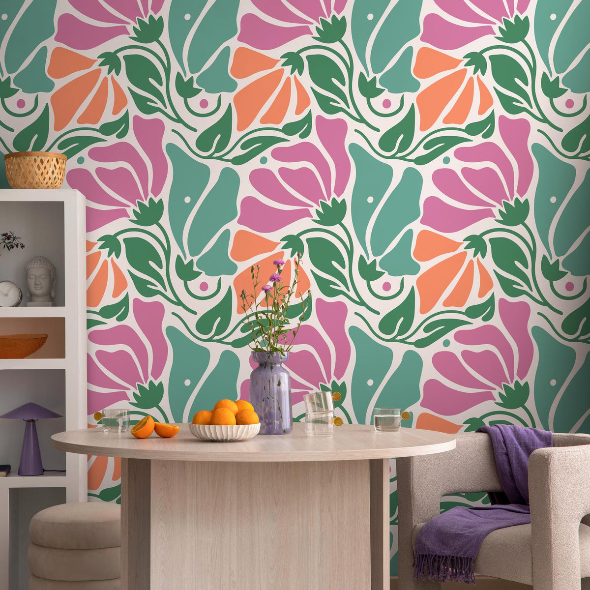 Floral Wallpaper with Abstract Blooms in Pink, Orange and Green - E365