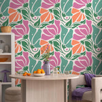 Floral Wallpaper with Abstract Blooms in Pink, Orange and Green - E365