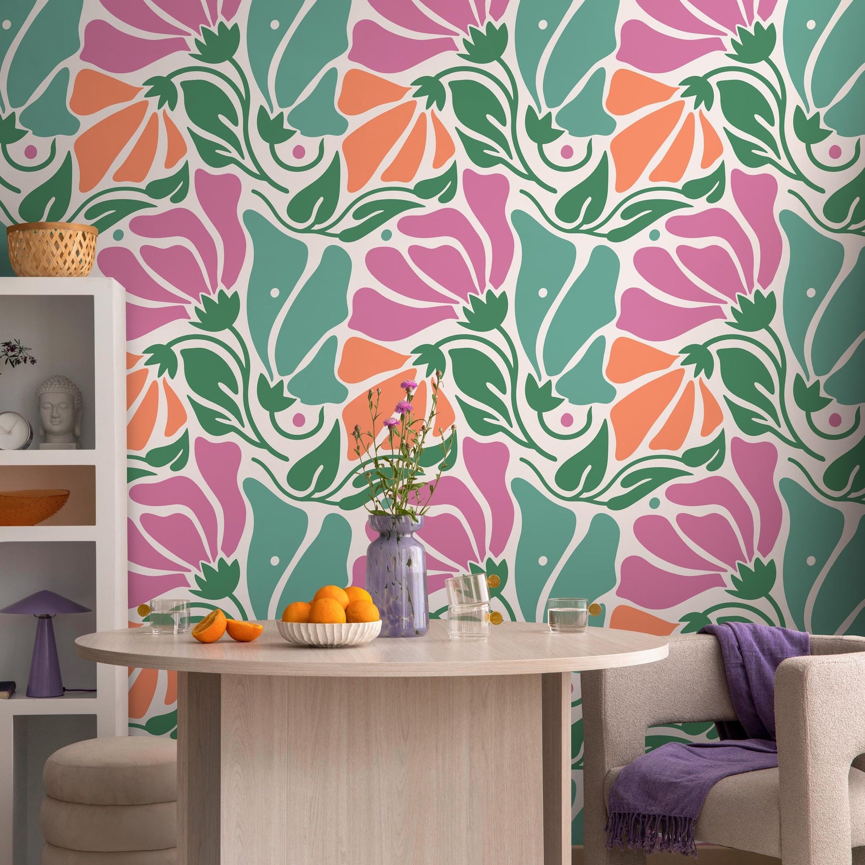 Floral Wallpaper with Abstract Blooms in Pink, Orange and Green - E365