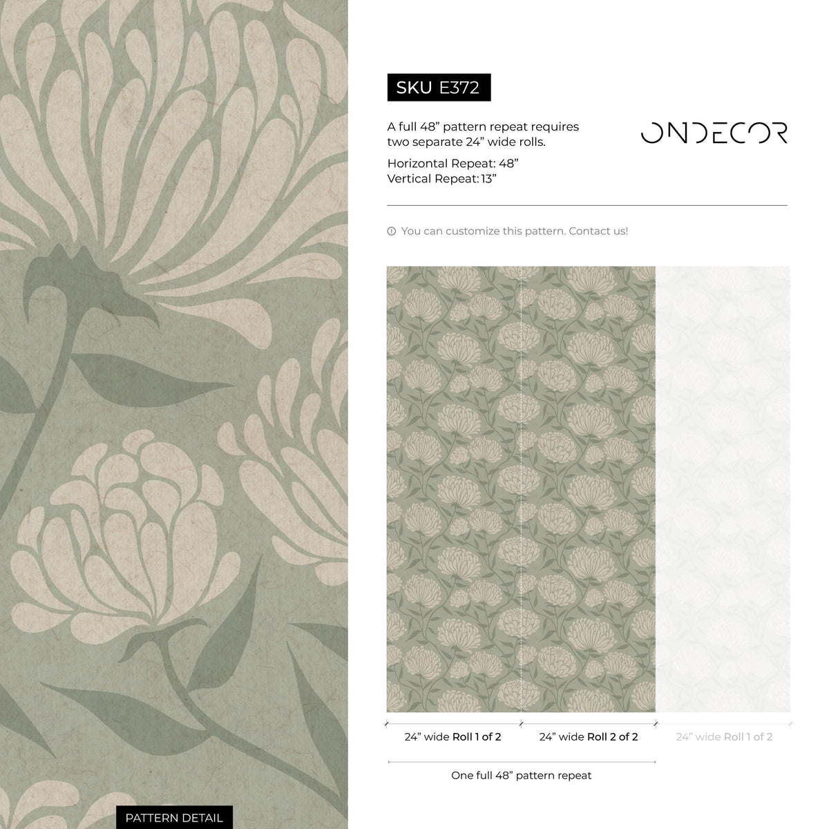 Floral Wallpaper with Stylized Chrysanthemum Blooms in Sage Green and Cream - E372