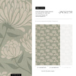 Floral Wallpaper with Stylized Chrysanthemum Blooms in Sage Green and Cream - E372