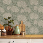 Floral Wallpaper with Stylized Chrysanthemum Blooms in Sage Green and Cream - E372