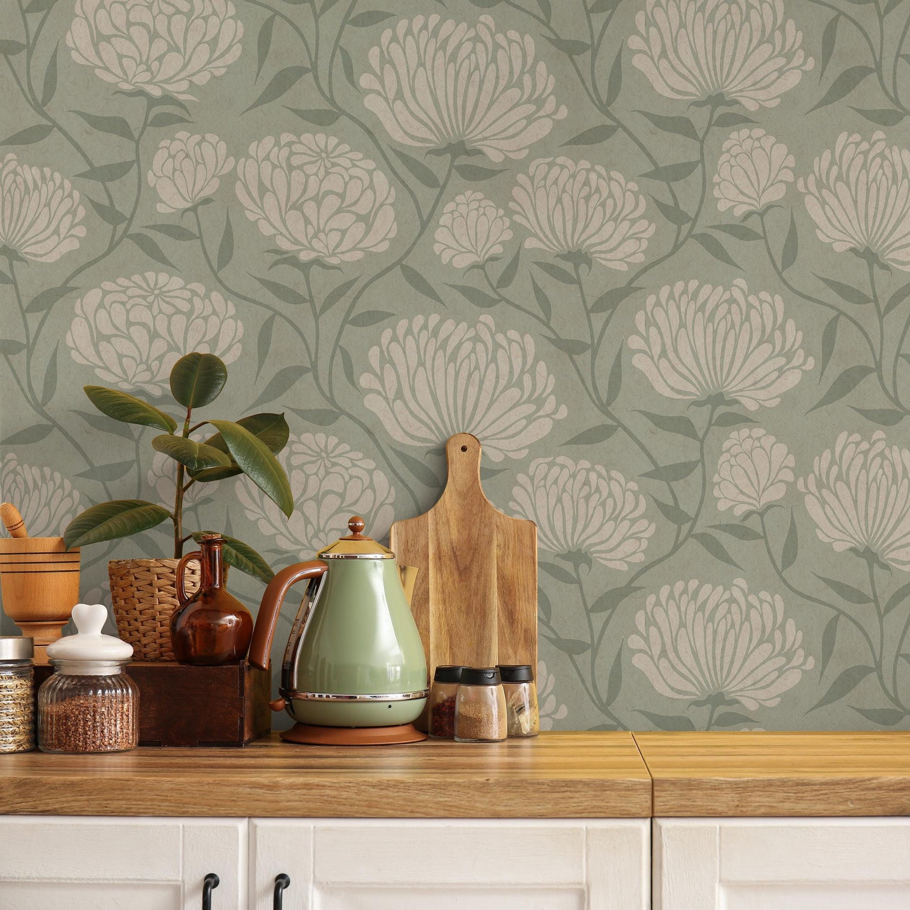 Floral Wallpaper with Stylized Chrysanthemum Blooms in Sage Green and Cream - E372