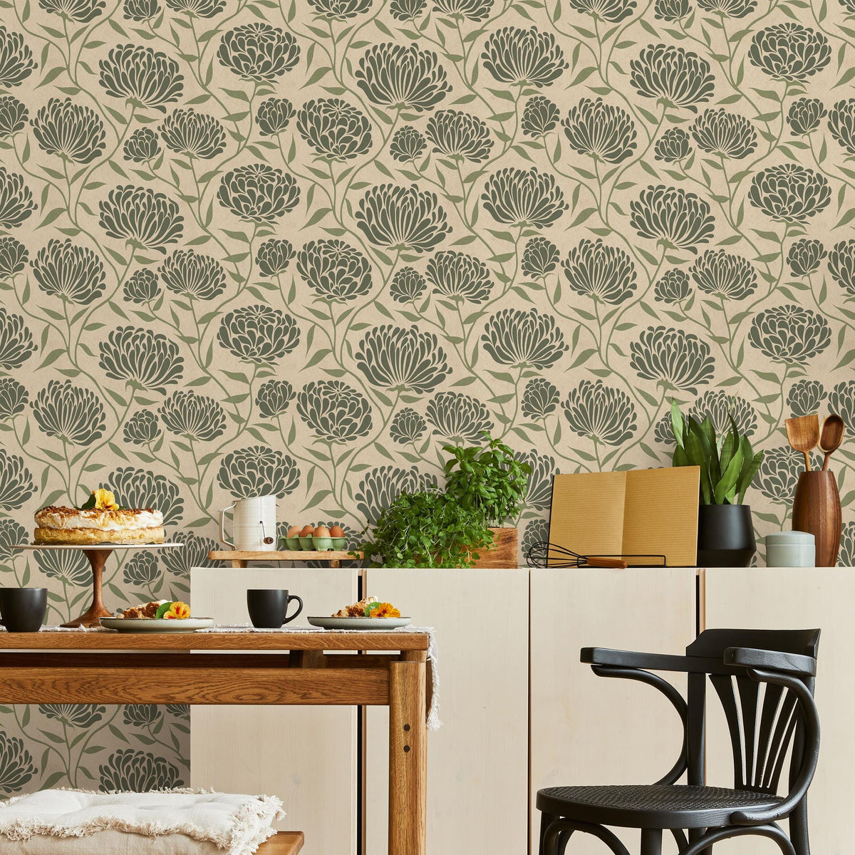 Floral Wallpaper with an Arts and Crafts Motif in Green and Beige - E374