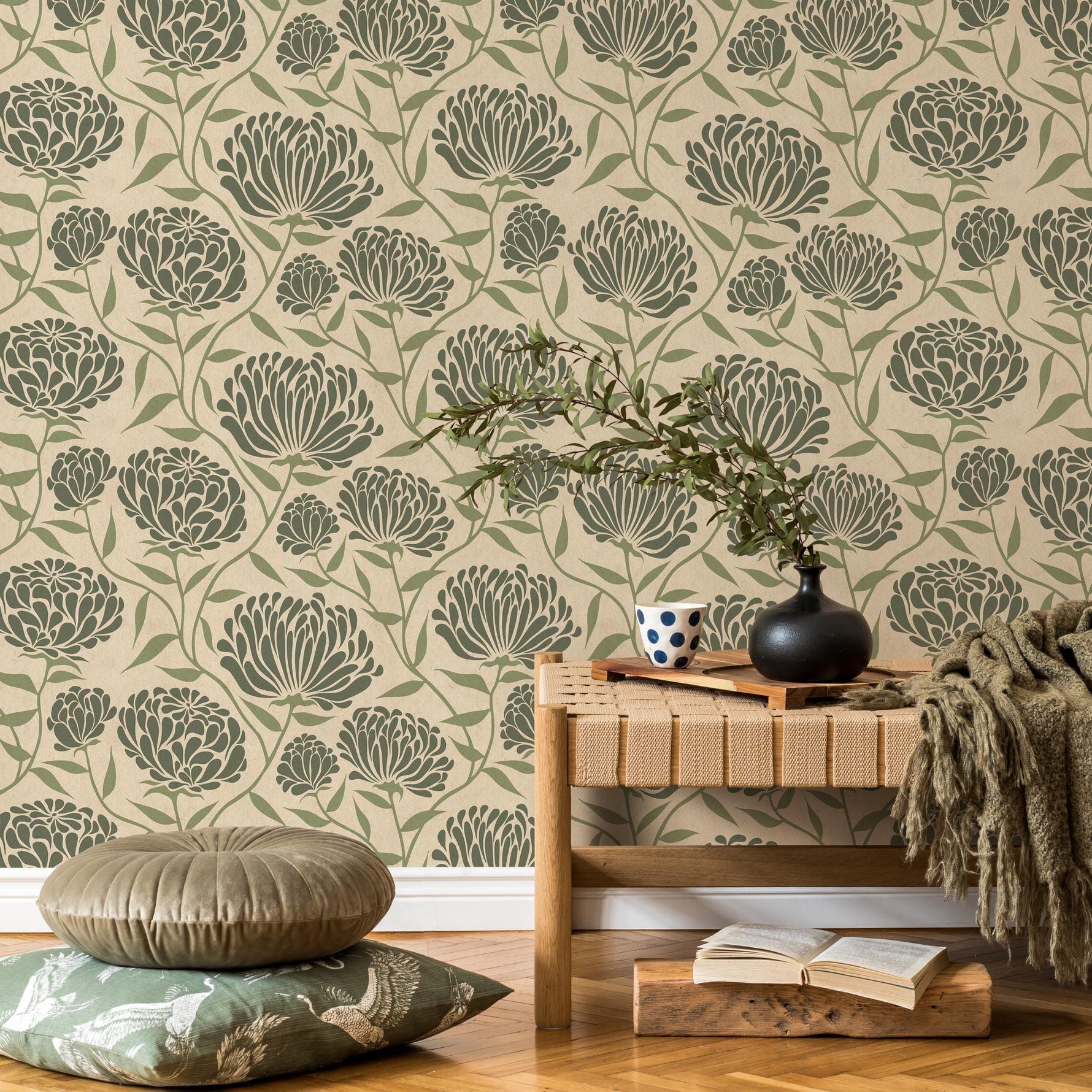 Floral Wallpaper with an Arts and Crafts Motif in Green and Beige - E374