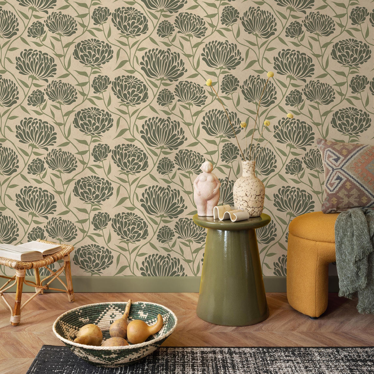 Floral Wallpaper with an Arts and Crafts Motif in Green and Beige - E374