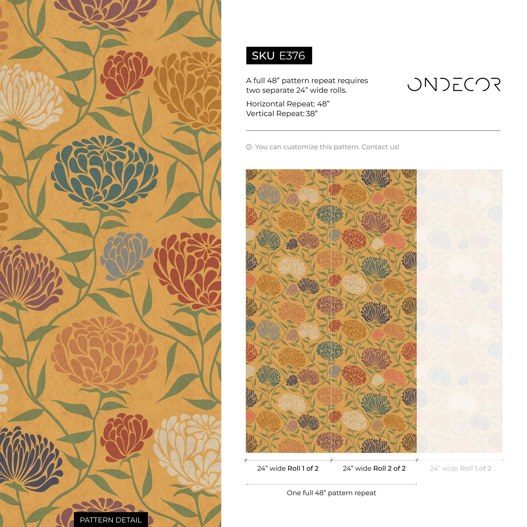 Art Nouveau Wallpaper with a Chrysanthemum Motif in Yellow, Blue and Red - E376