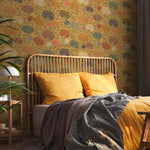 Art Nouveau Wallpaper with a Chrysanthemum Motif in Yellow, Blue and Red - E376