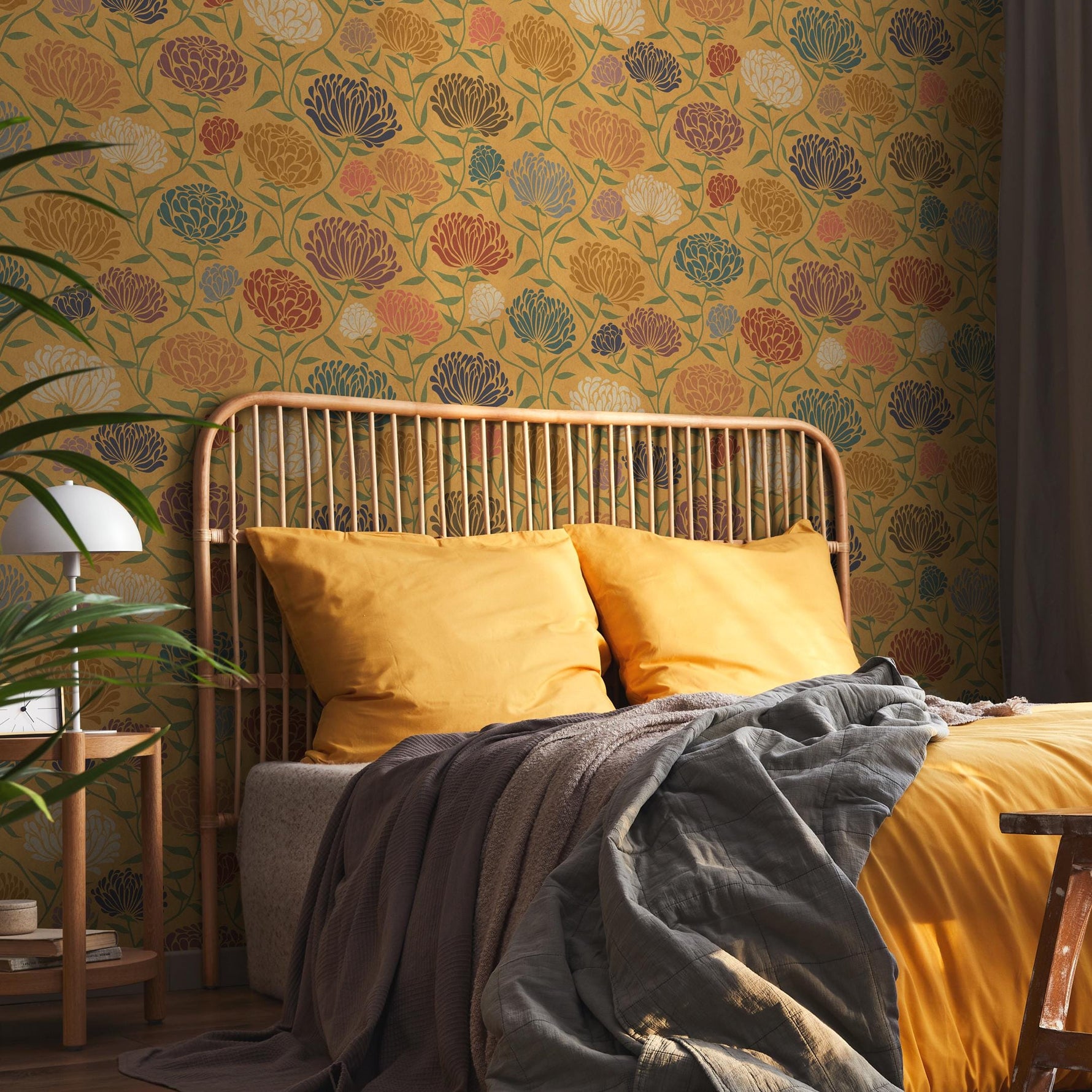 Art Nouveau Wallpaper with a Chrysanthemum Motif in Yellow, Blue and Red - E376