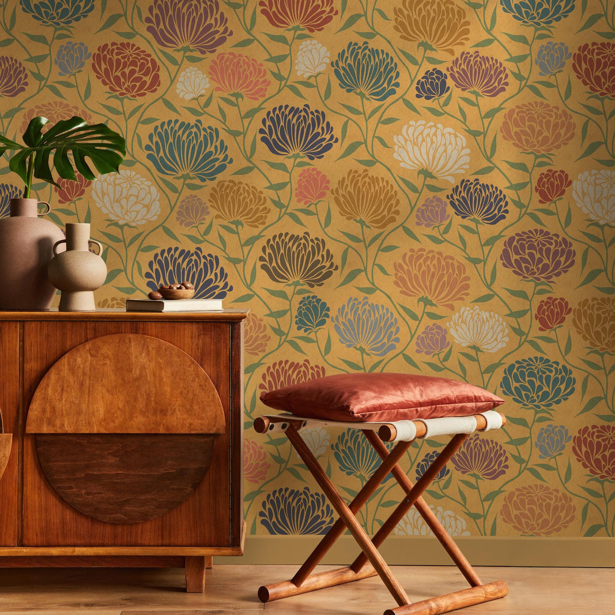 Art Nouveau Wallpaper with a Chrysanthemum Motif in Yellow, Blue and Red - E376
