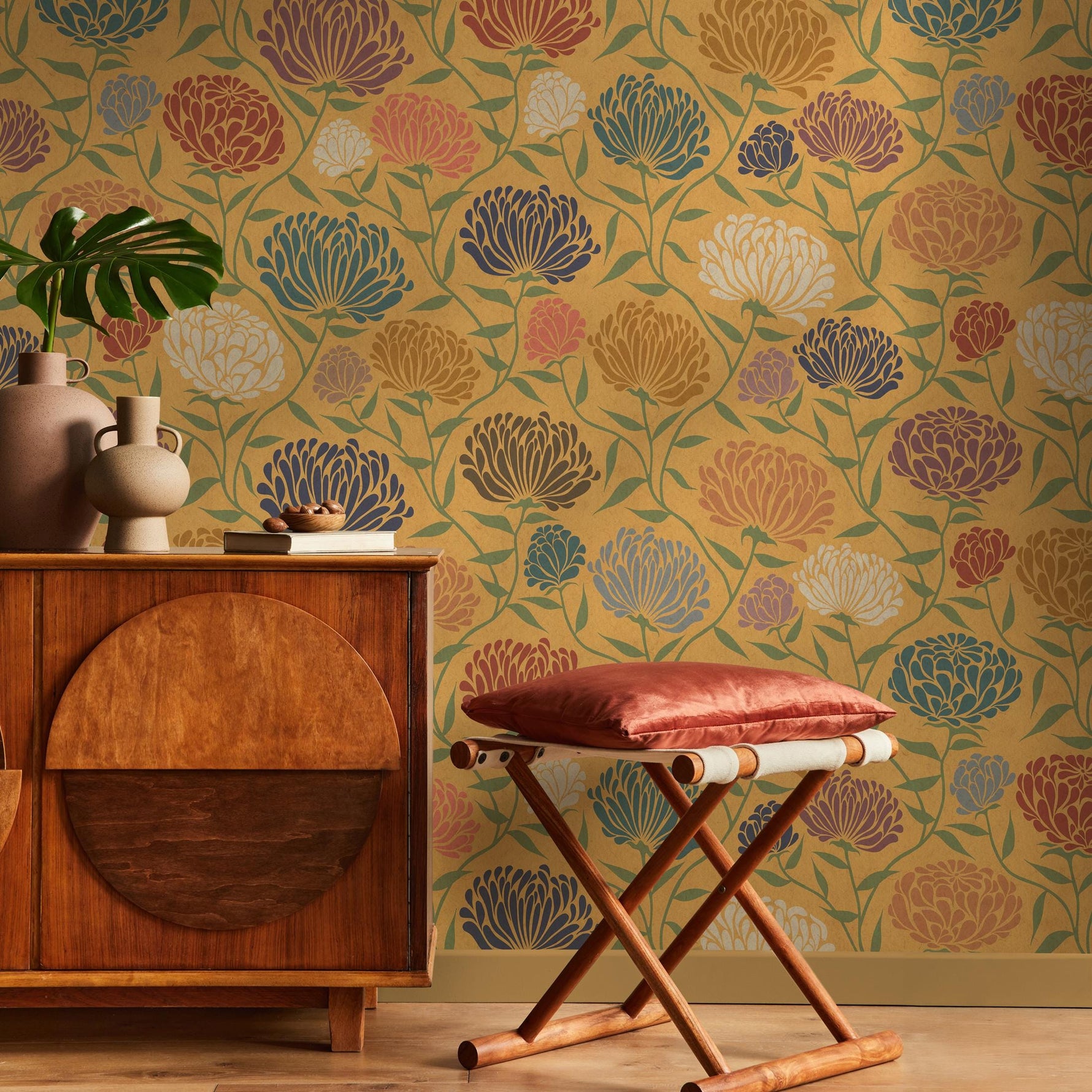 Art Nouveau Wallpaper with a Chrysanthemum Motif in Yellow, Blue and Red - E376