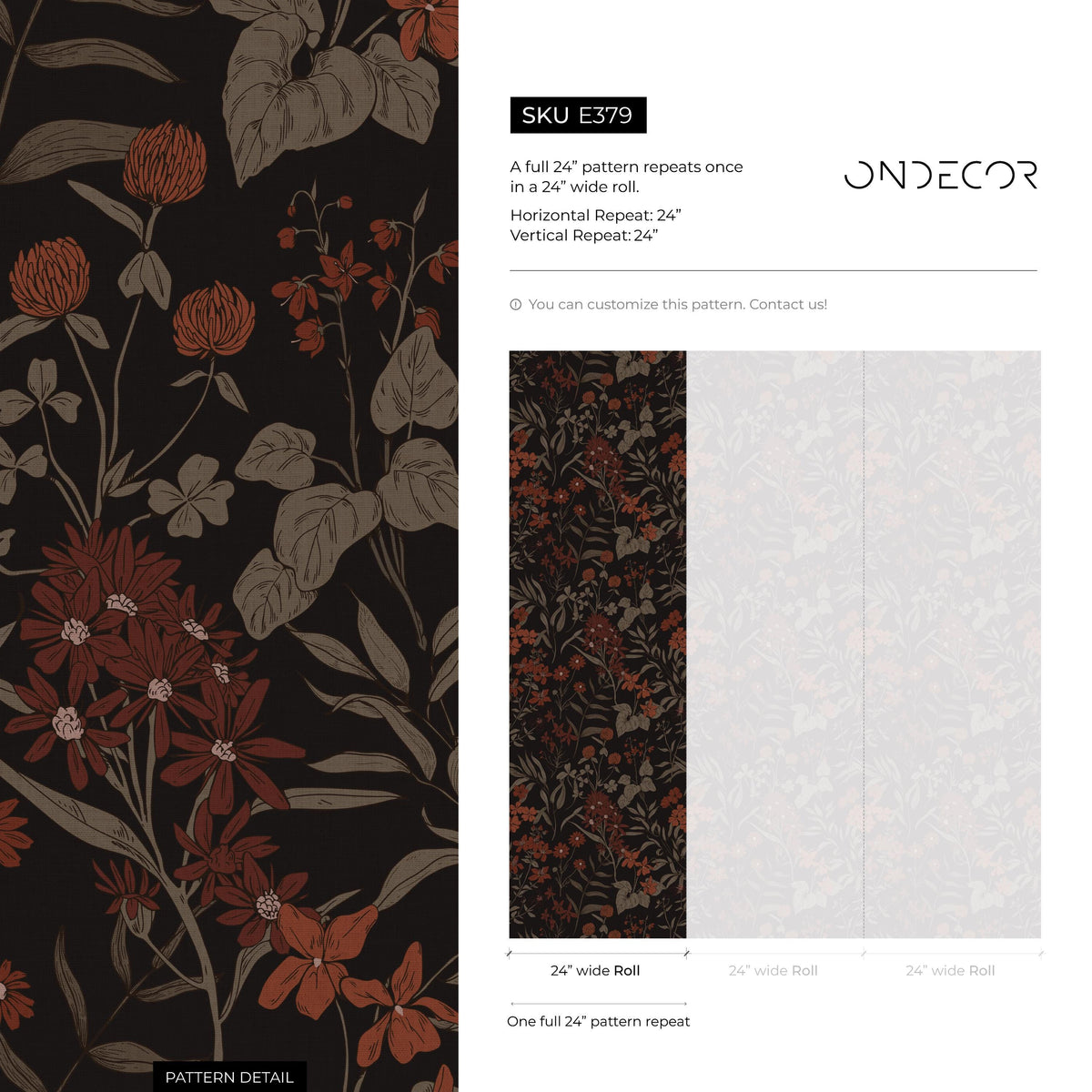 Botanical Wallpaper with Vintage Wildflowers in Rust, Taupe, and Black - E379