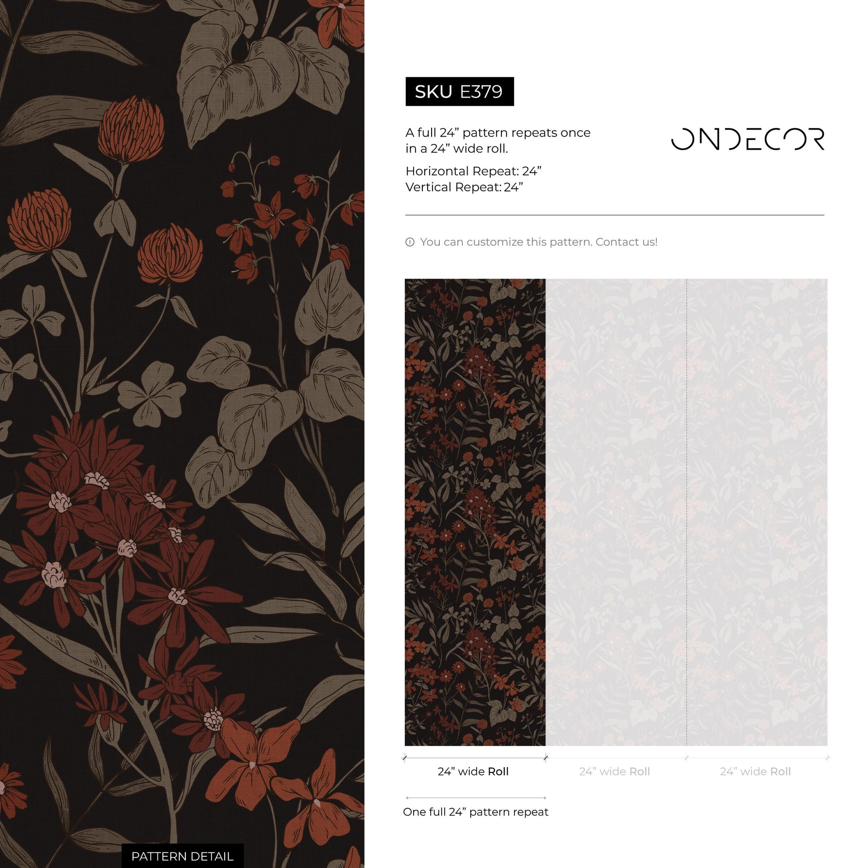Botanical Wallpaper with Vintage Wildflowers in Rust, Taupe, and Black - E379