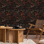 Botanical Wallpaper with Vintage Wildflowers in Rust, Taupe, and Black - E379