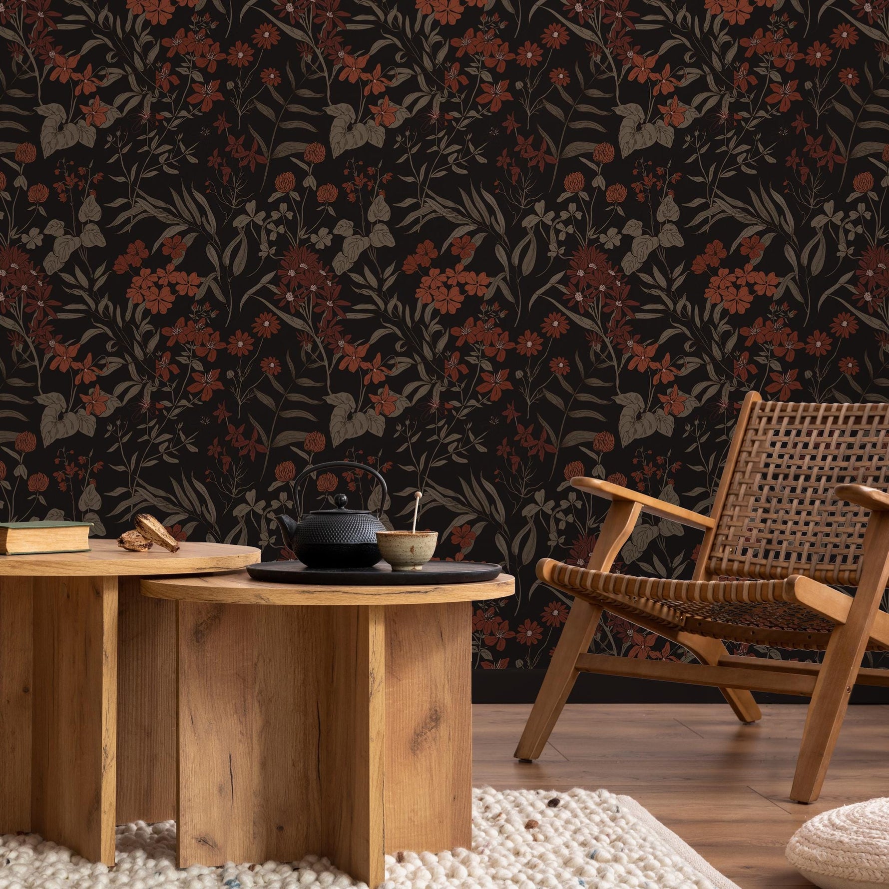 Botanical Wallpaper with Vintage Wildflowers in Rust, Taupe, and Black - E379
